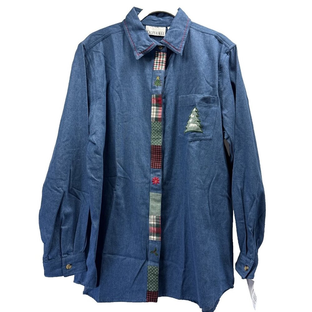 Casey & Max Women's Top Blouse Large Denim Christmas Tree‎ Plaid Button Up Holly